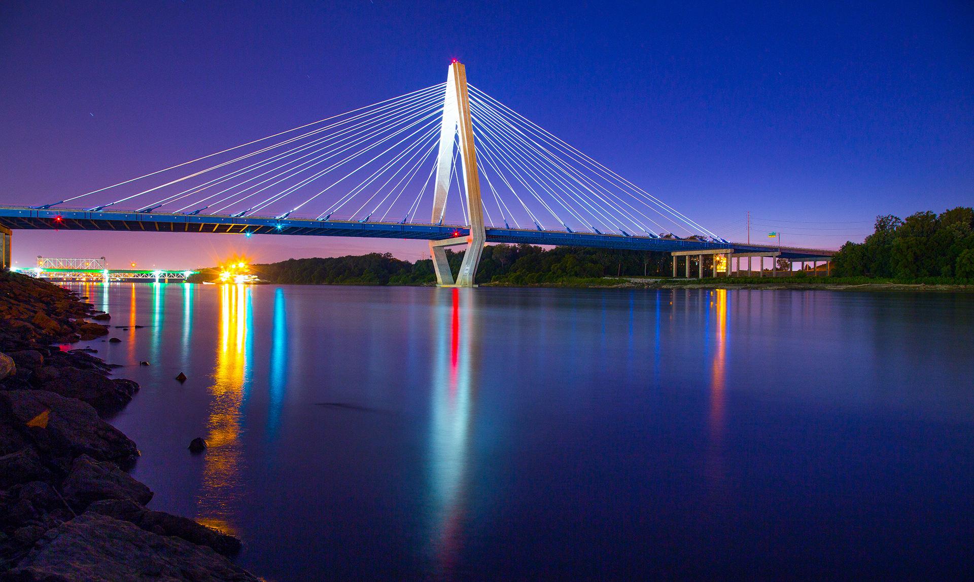 Photograph of the Christopher Bond bridge at night